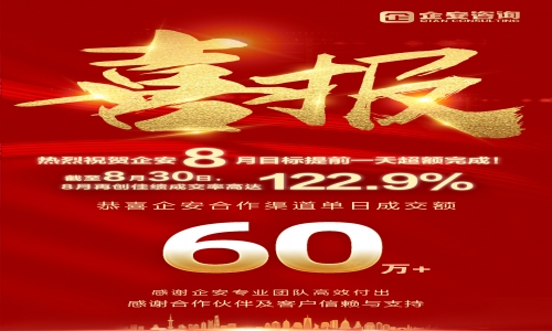 热烈祝贺企安8月目标提前超额完成，成交率高达122.9%